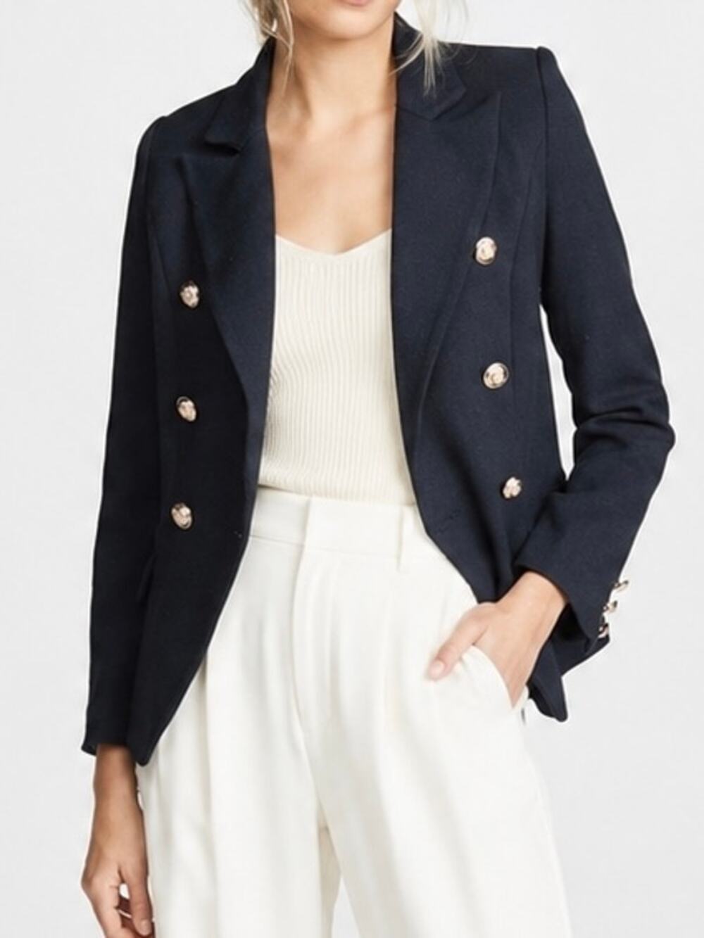 LIONESS Palermo Blazer Double Breasted Gold Button Fitted Jacket Dark Blue